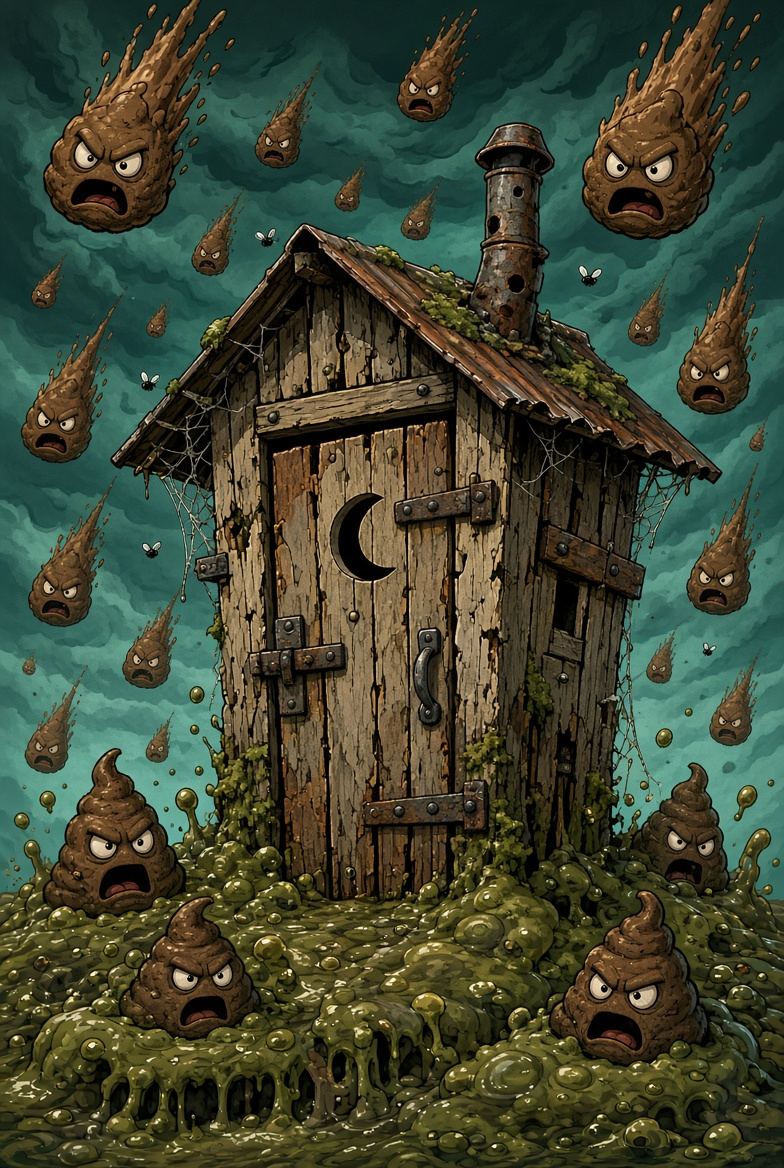 A rickety wooden outhouse under a storm of angry poop clouds